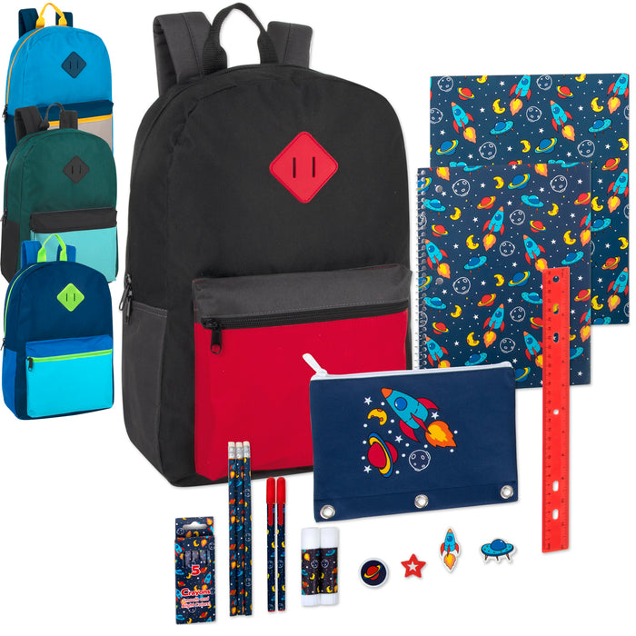 17 Inch Color Block Backpack with 20-Piece Printed School Supply Kit -Boys - BagsInBulk.com