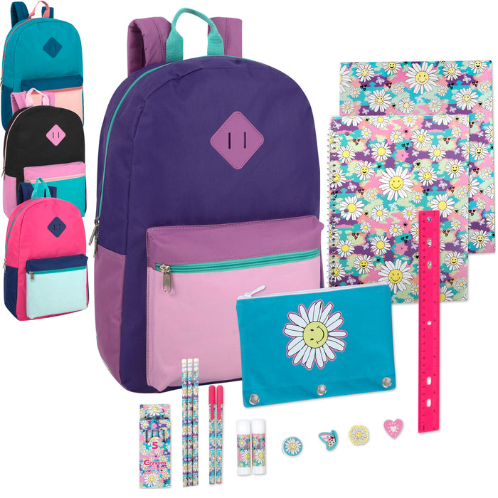 17 Inch Color Block Backpack with 20-Piece Printed School Supply Kit -Girls - BagsInBulk.com