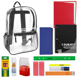 17-Inch Classic Clear Backpack with 20-Piece School Supply Kit - Black - BagsInBulk.com