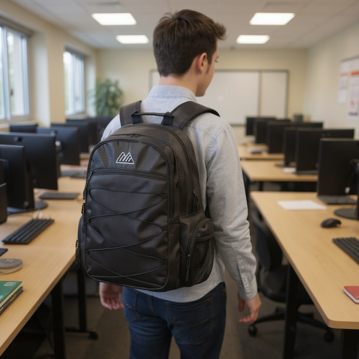 19-inch Bungee Backpack w Laptop Sleeve - Black - BagsInBulk.com