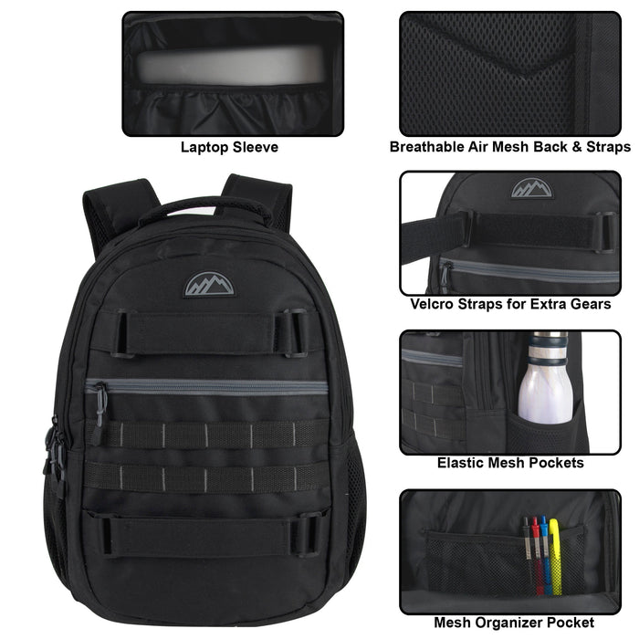 19 Inch Dual Strap Skate  Backpack w Laptop Sleeve - Black - BagsInBulk.com