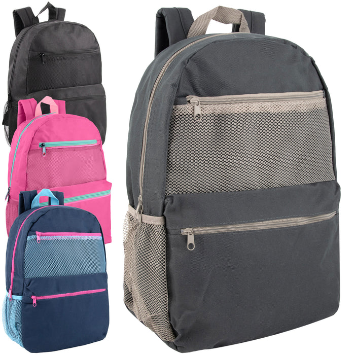 17 Inch Trailmaker Double Front Pocket Backpack with Side Mesh Pocket - 4 Colors - BagsInBulk.com