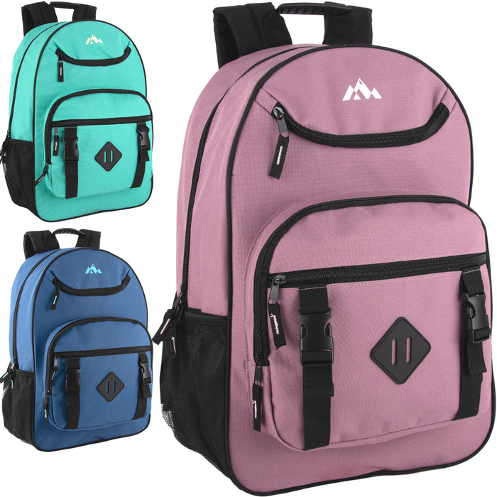 18-Inch Double Buckle Backpack with Laptop Section - 3 Colors - BagsInBulk.com