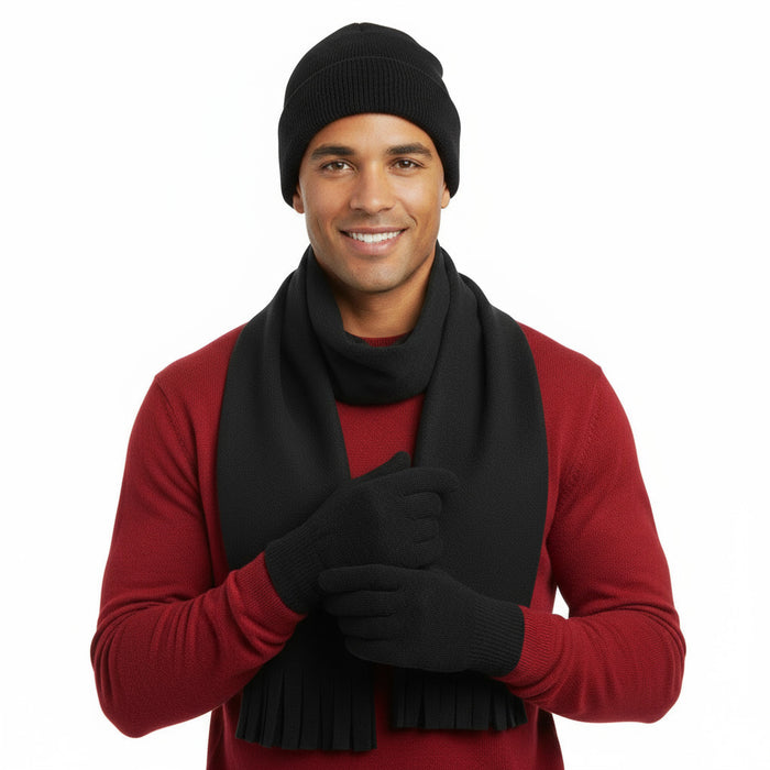 Winter Accessories Set with Hat, Gloves, & Scarf - Black - BagsInBulk.com