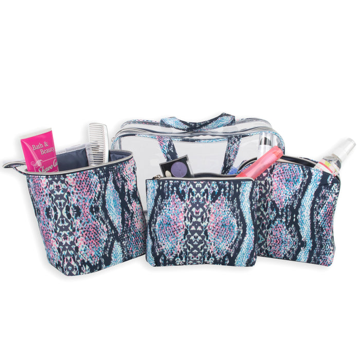 Clear Cosmetic Traveling Case With 3 Cosmetic Bags & Pouch - BagsInBulk.com