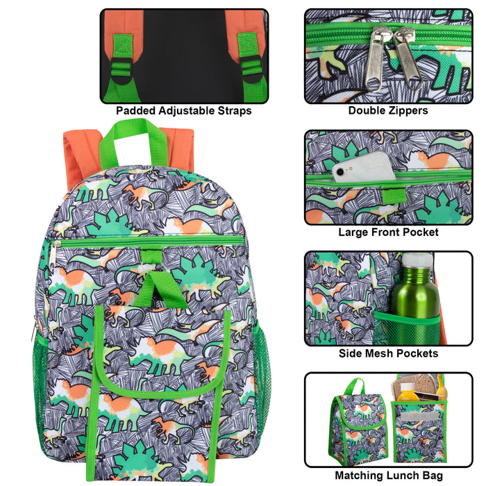 16 Inch 2 In 1 Backpack With Match Lunch Bag - Dinosaur Print - BagsInBulk.com