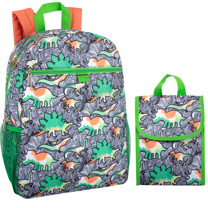 16 Inch 2 In 1 Backpack With Match Lunch Bag - Dinosaur Print - BagsInBulk.com