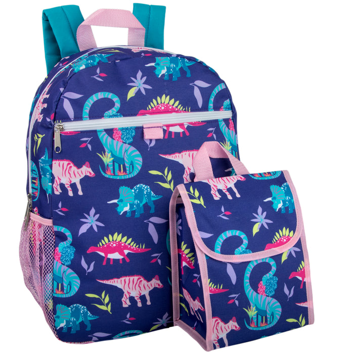 16 Inch 2 In 1 Backpack With Match Lunch Bag - Dinosaur Print (Girls) - BagsInBulk.com