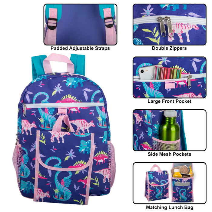 16 Inch 2 In 1 Backpack With Match Lunch Bag - Dinosaur Print (Girls) - BagsInBulk.com