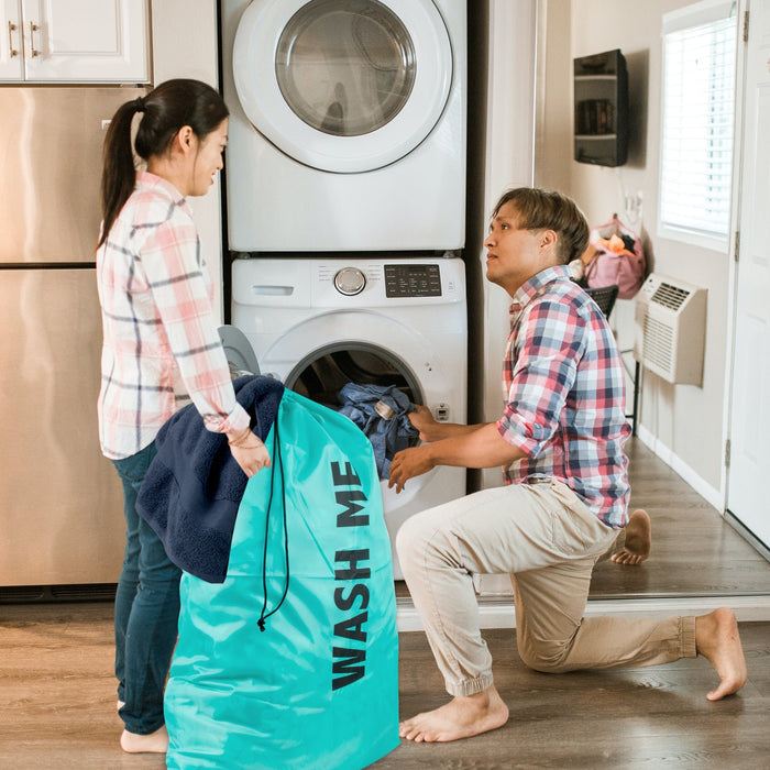 Wholesale "Wash Me" Graphic Drawstring Laundry Bag 2-Pack - Turquoise - BagsInBulk.com