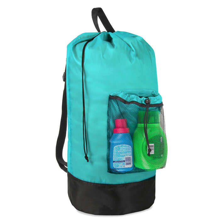 Wholesale Laundry Bag Backpack with Front Mesh Pocket - Turquoise - BagsInBulk.com