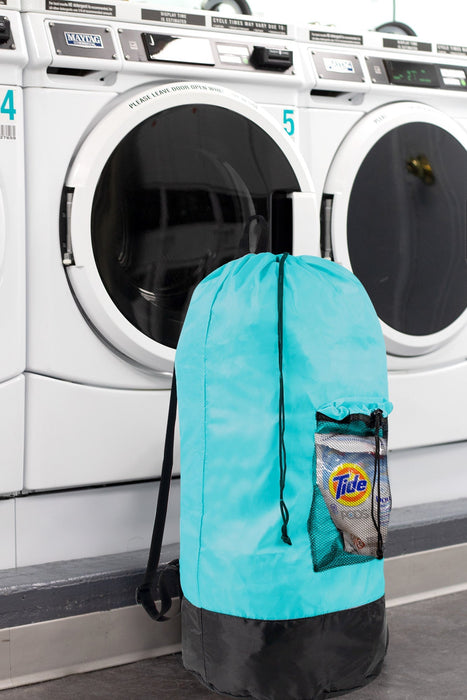 Wholesale Laundry Bag Backpack with Front Mesh Pocket - Turquoise - BagsInBulk.com