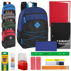 Multi-Pocket Bungee Backpack with 20-Piece School Supply Kit - 5 Colors - BagsInBulk.com