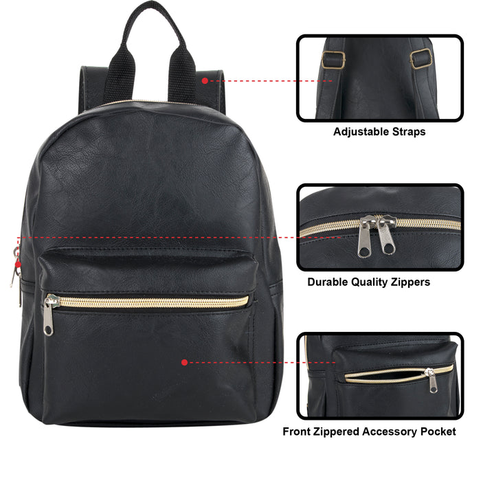 10-Inch Vinyl Mini Backpack with Front Zipper Pocket - Black - BagsInBulk.com
