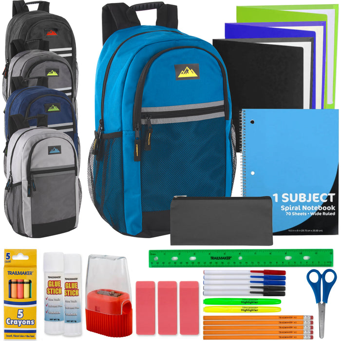 18-Inch Multi-Pocket Reflective Backpack with 30-Piece School Supply Kit - 5 Colors - BagsInBulk.com