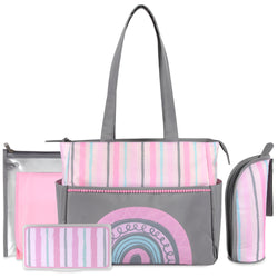 Baby Essentials Diaper Bag Tote 5 Piece Set Pink Rainbow Themed - BagsInBulk.com