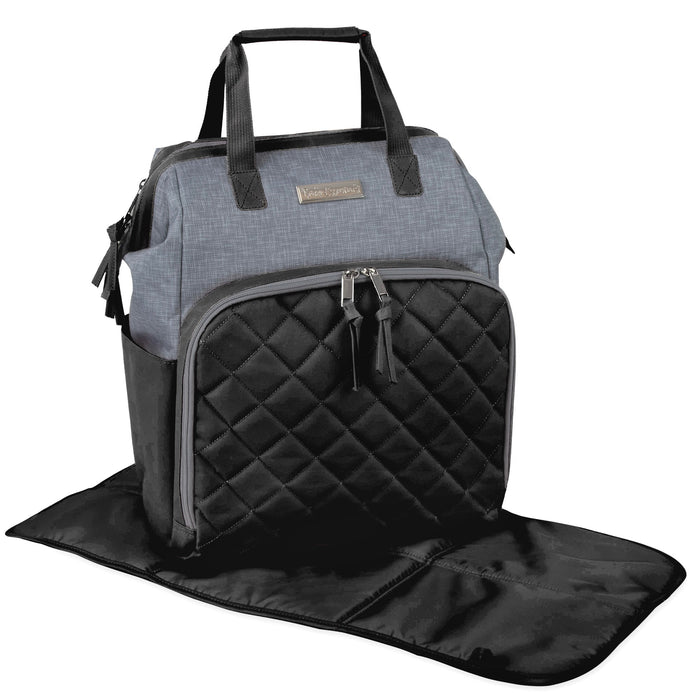 Baby Essentials Quilted Diaper Bag Backpack w Changing Pad - Black & Grey - BagsInBulk.com