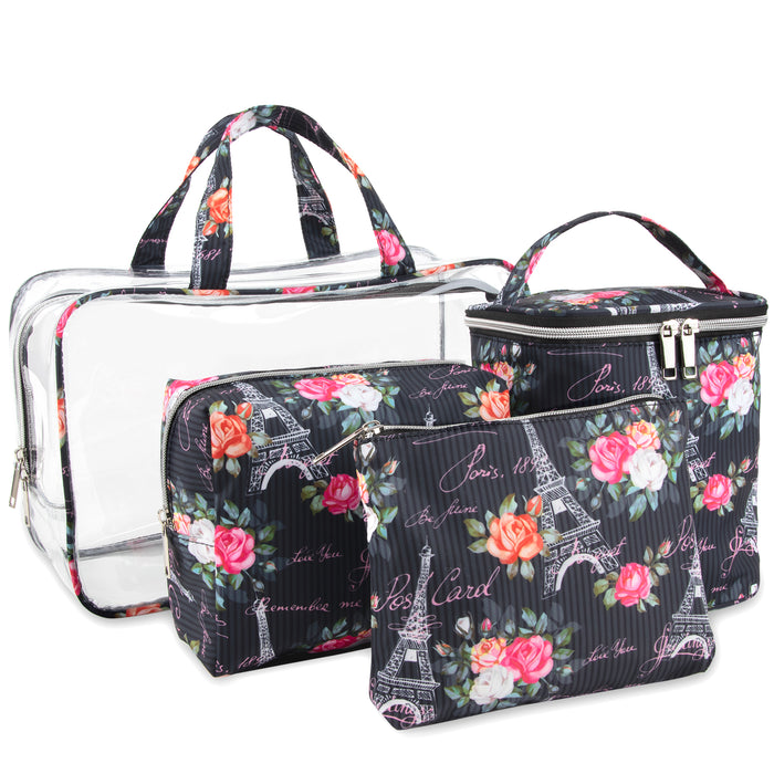 Clear Cosmetic Traveling Case with 3 Cosmetic Bags & Pouch - Paris Themed - BagsInBulk.com