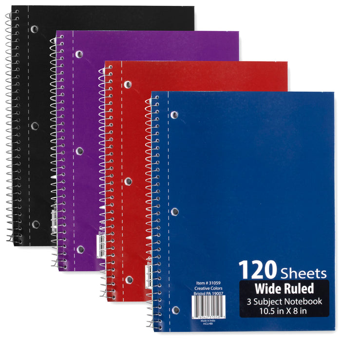 3 Subject Notebook, Wide Ruled (24 Pack) - BagsInBulk.com