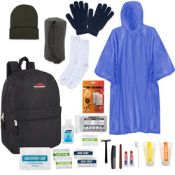 Warm Essential 24-piece Homeless Care Hygiene Kit with Backpack, Poncho, Socks - BagsInBulk.com