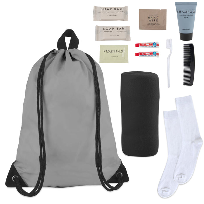 10-Piece Deluxe Hygiene Kit with Drawstring Bag, Socks, Blanket - BagsInBulk.com