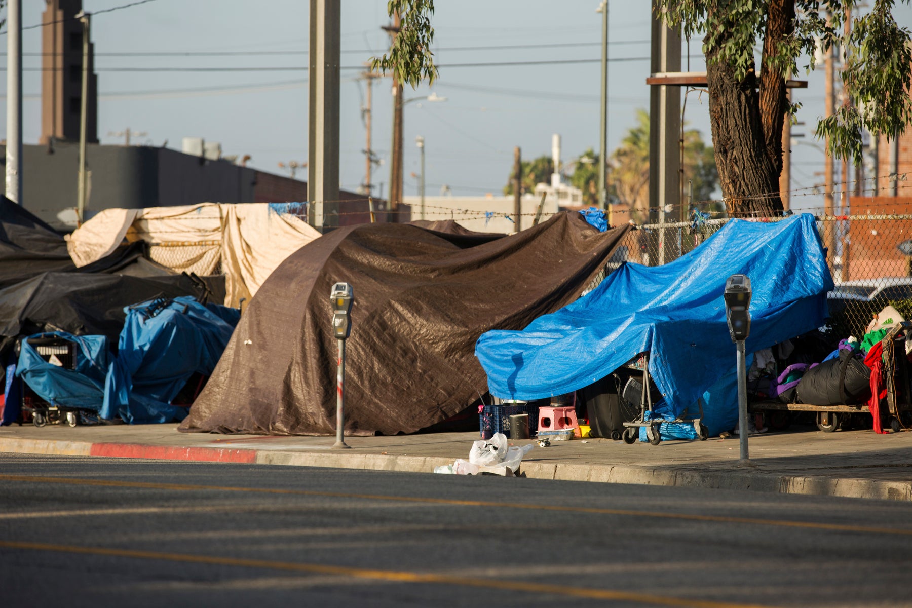View of the homeless encampments along Central Avenue in Downtown Los Angeles, California