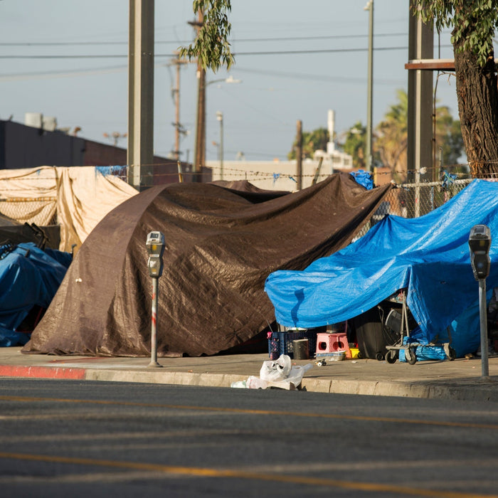 View of the homeless encampments along Central Avenue in Downtown Los Angeles, California