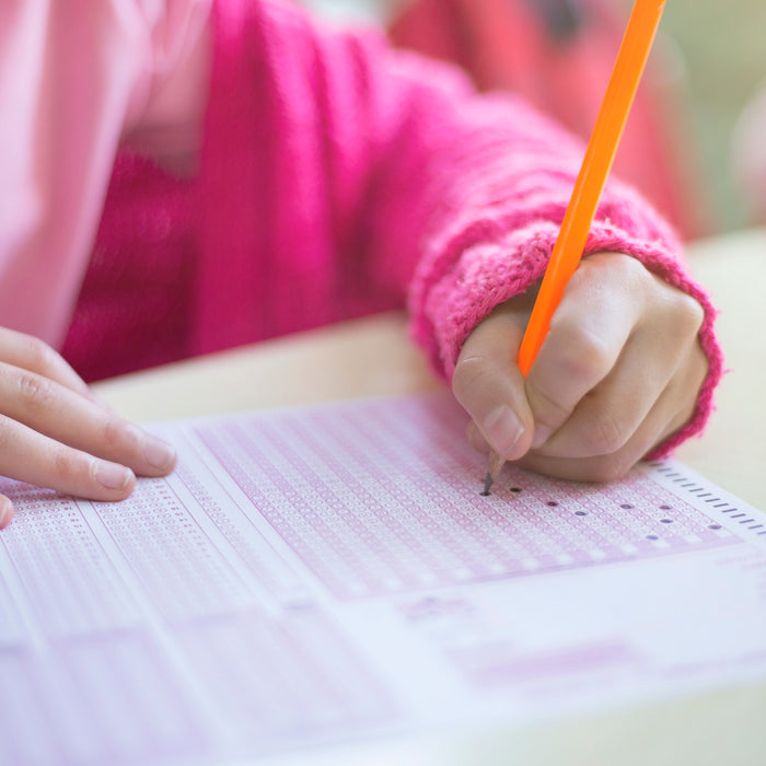 student taking test using bags in bulk study tips