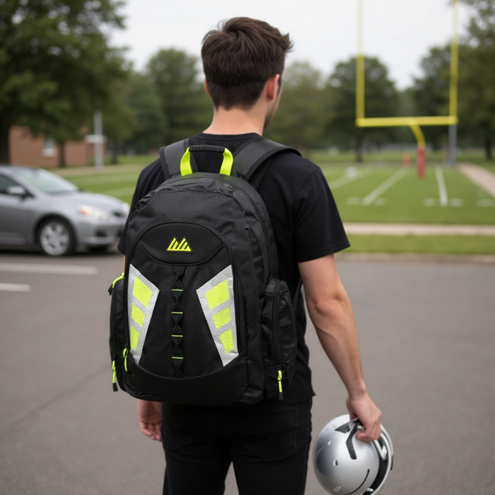 19 Inch Mountain Edge Multi-Pocket Reflective Backpack with Laptop Section - Black - BagsInBulk.com