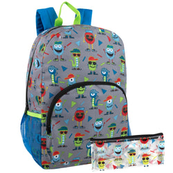 17-inch Printed Monster Backpack w Matching Pencil Case - BagsInBulk.com