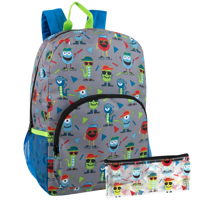 17 Inch Printed Backpack with Pencil Case Set - Monsters Pattern - BagsInBulk.com