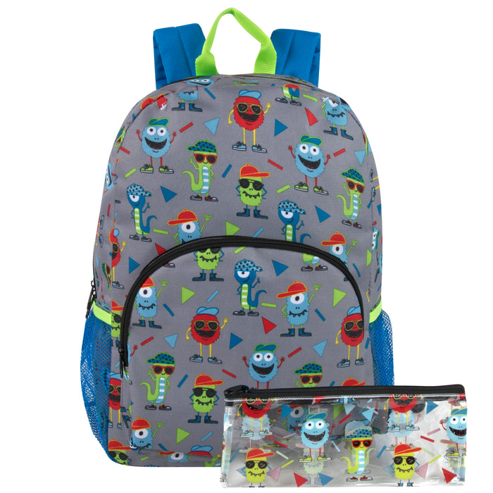 17-inch Printed Monster Backpack w Matching Pencil Case - BagsInBulk.com