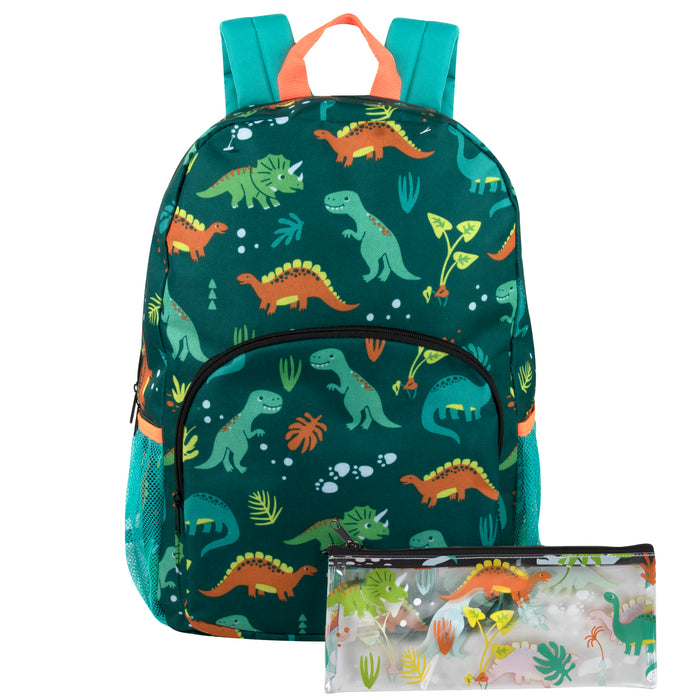 17-inch Printed Dinosaur Backpack w Matching Pencil Case - BagsInBulk.com