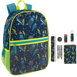 17-Inch Outer Space Themed Backpack with Clear Front Pocket and 8-Piece School Supply Kit