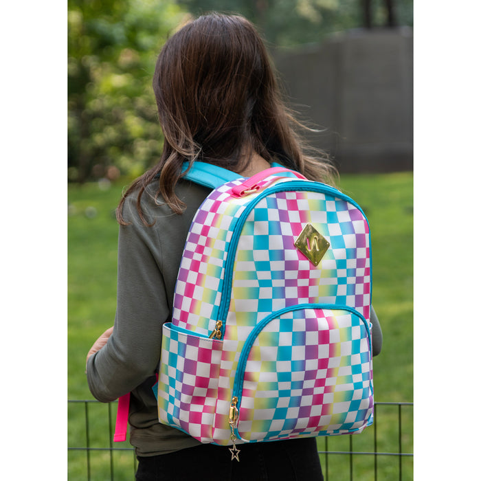 17-Inch Printed Vinyl Backpack - Rainbow Checkered - BagsInBulk.com