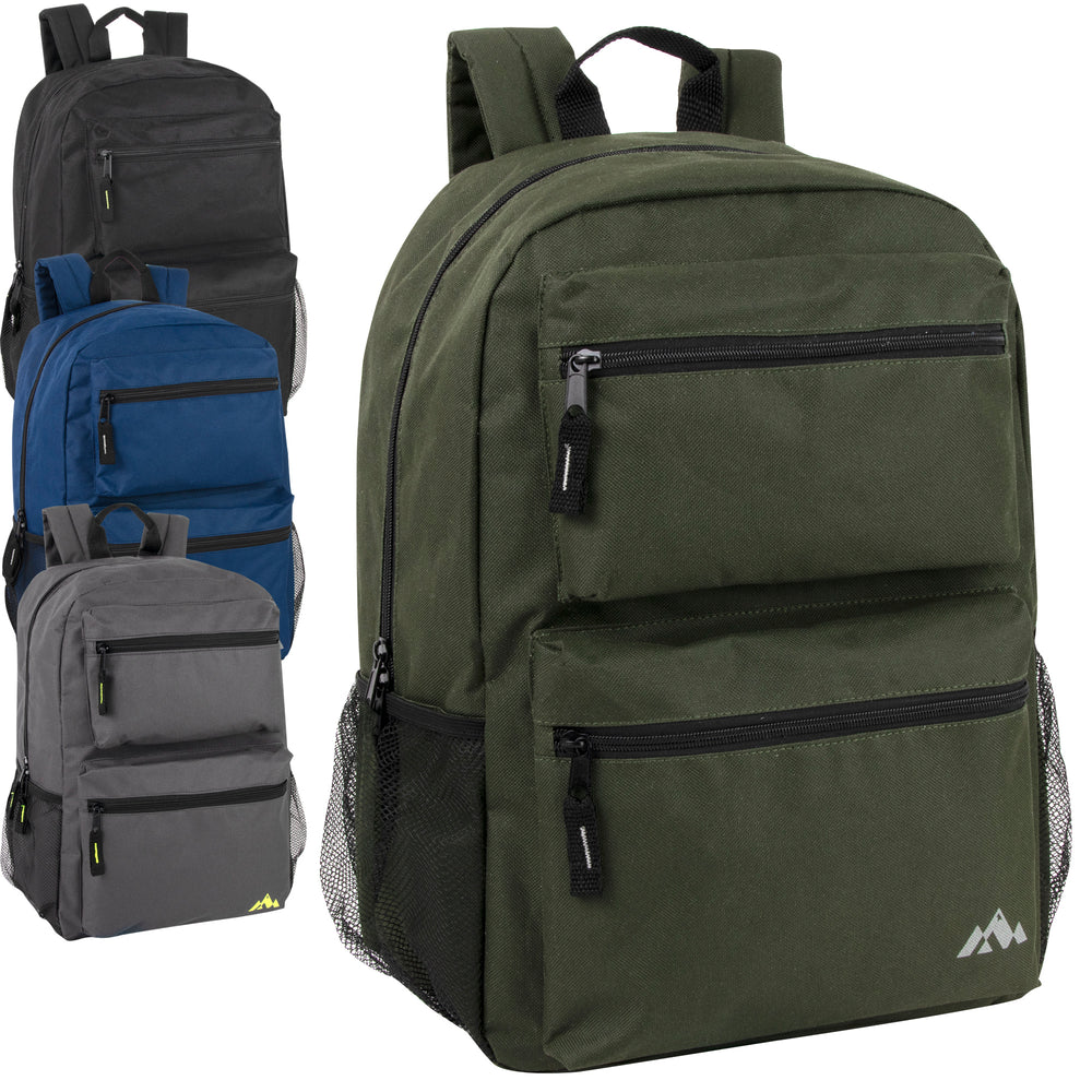 Wholesale Trailmaker 17 Inch Double Front Pocket Backpack - 4 Colors - BagsInBulk.com