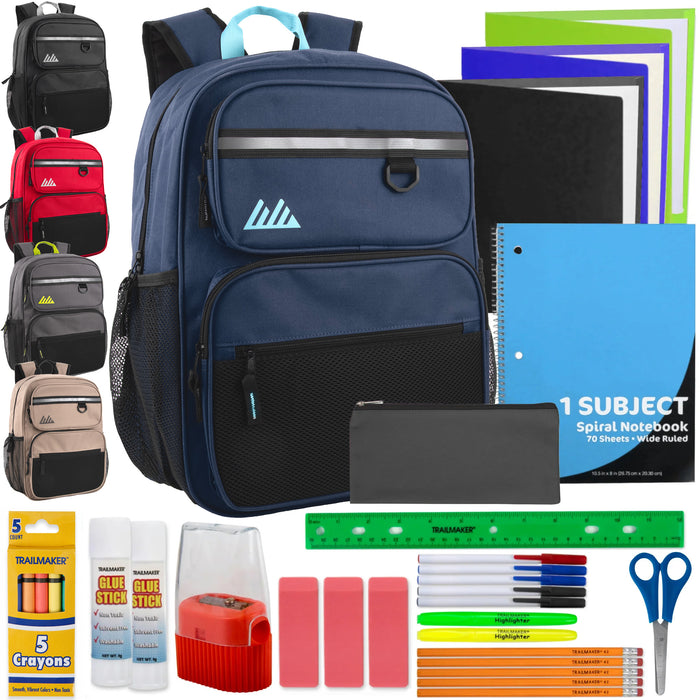Multi-Pocket Reflective Rugged Backpack with 30-Piece School Supply Kit - 5 Color Assortment
