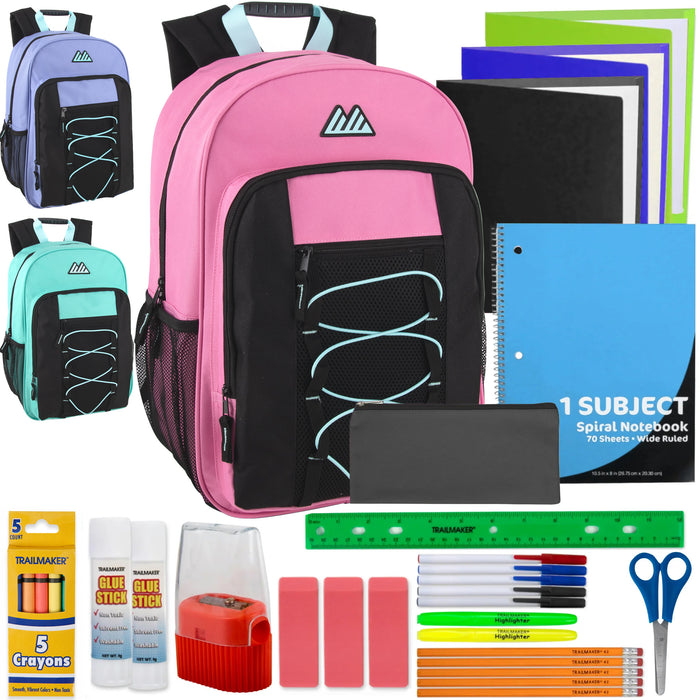 18 Inch Bungee Backpack with 30-Piece School Supply Kit - 3 Color Assortment