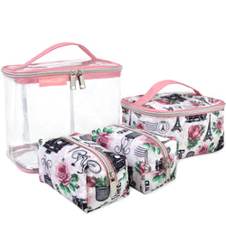 4-piece Paris & Roses print cosmetic set with clear and patterned cases, pink trim, and reinforced handles.