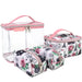 4-piece Paris & Roses print cosmetic set with clear and patterned cases, pink trim, and reinforced handles.