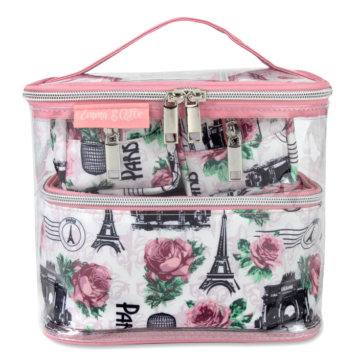Pink 4-piece Paris & Roses print cosmetic set with clear case, printed case, and two small pouches.