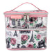 Pink 4-piece Paris & Roses print cosmetic set with clear case, printed case, and two small pouches.