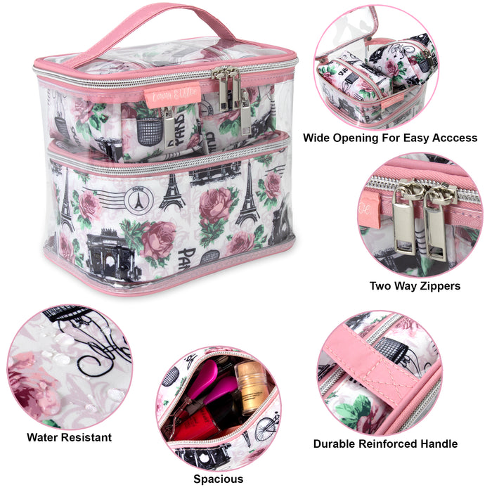 Pink and clear 4-piece cosmetic set with Paris and rose print, reinforced handle, and two-way zippers.