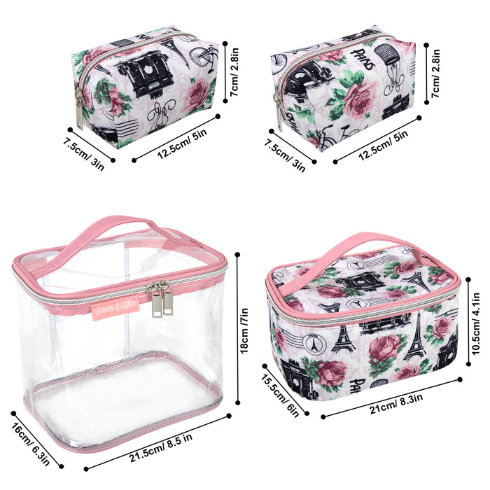 Four-piece Paris & Roses print cosmetic set with clear and patterned cases, pink trim, and handles.