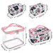 Four-piece Paris & Roses print cosmetic set with clear and patterned cases, pink trim, and handles.
