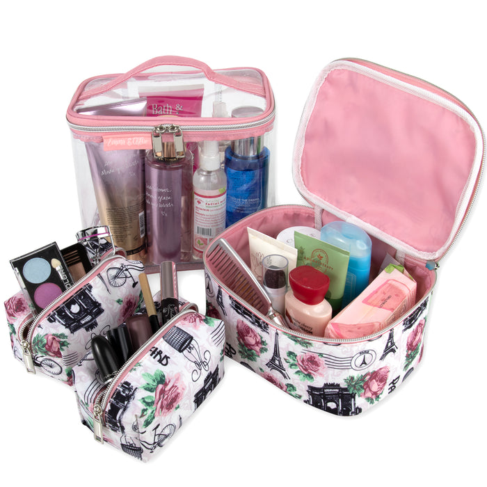 4-piece Paris & Roses print cosmetic set: clear case, printed case, and two small pouches filled with beauty products.