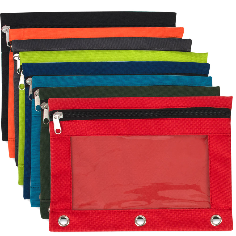 3-Ring Binder Pencil Pouch with Window - 9 Color Assortment - BagsInBulk.com