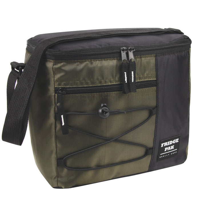 Fridge Pak 12 Can Bungee Cooler Bag With Front Zippered Pocket - 4 Colors - BagsInBulk.com