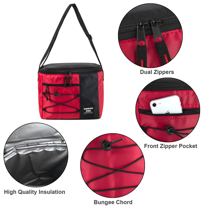 Fridge Pak 12 Can Bungee Cooler Bag With Front Zippered Pocket - 4 Colors - BagsInBulk.com