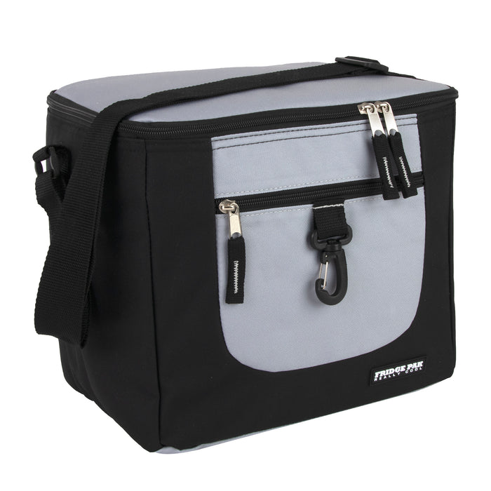 Black and gray Fridge Pak 24-can insulated cooler bag with front zippered pocket and adjustable strap.